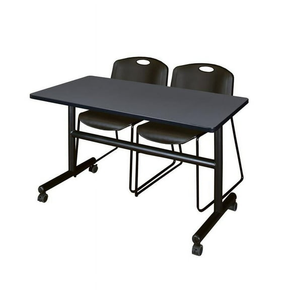 48" x 30" Flip Top Mobile Training Table- Grey and 2 Zeng Stack Chairs- Black
