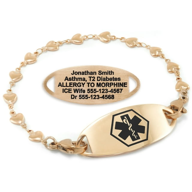 MedicEngraved Rose Gold Stainless Steel Custom Medical Alert Bracelet - 5mm Heart Link