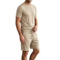 thumbnail image 3 of Men Solid Crew Neck Short Sleeve Tee & Drawstring Pocket Shorts 2 Piece Casual Summer Tracksuit Khaki 4XL, 3 of 7