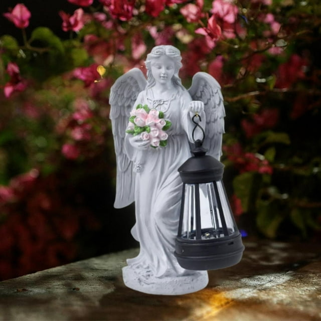 Estatua de ángel con ramo de flores y luz solar, 14 x 7 x 23 cm, escultura de resina impermeable, adorno para césped, ideal como regalo de