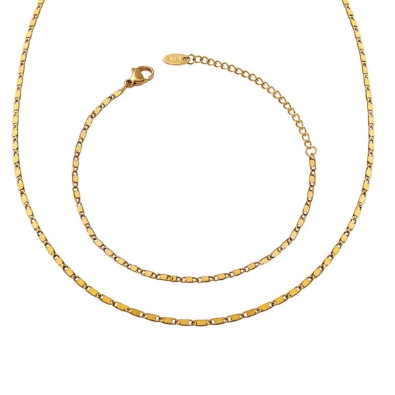 Aleasha 2 Pcs 18K Gold Plated Chain Bracelet Set Women Stainless Steel Herringbone Necklace Jewelry Gift