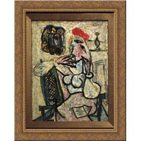 Seated Woman with Red Hat 20x24 Gold Ornate Wood Framed Canvas Art by Picasso, Pablo