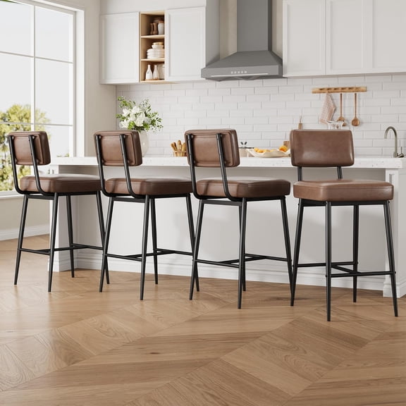 Bar Stools Set of 4, 26" Brown Faux Leather Counter Height Bar Stools with Backs, Modern Upholstered Barstool Chairs with Metal Legs for Kitchen Island, Home Bar, Dining Room