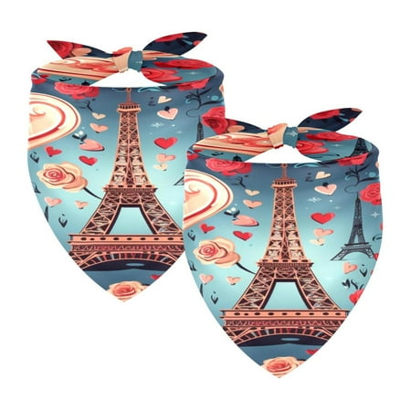 2 Pack Dog Bandana Girl Boy Pet Bibs Dog Scarf Kerchief Washable Bandanas Accessories for Small Medium Large Dogs Puppy Cat Romantic Eiffel Tower Red Rose Heart