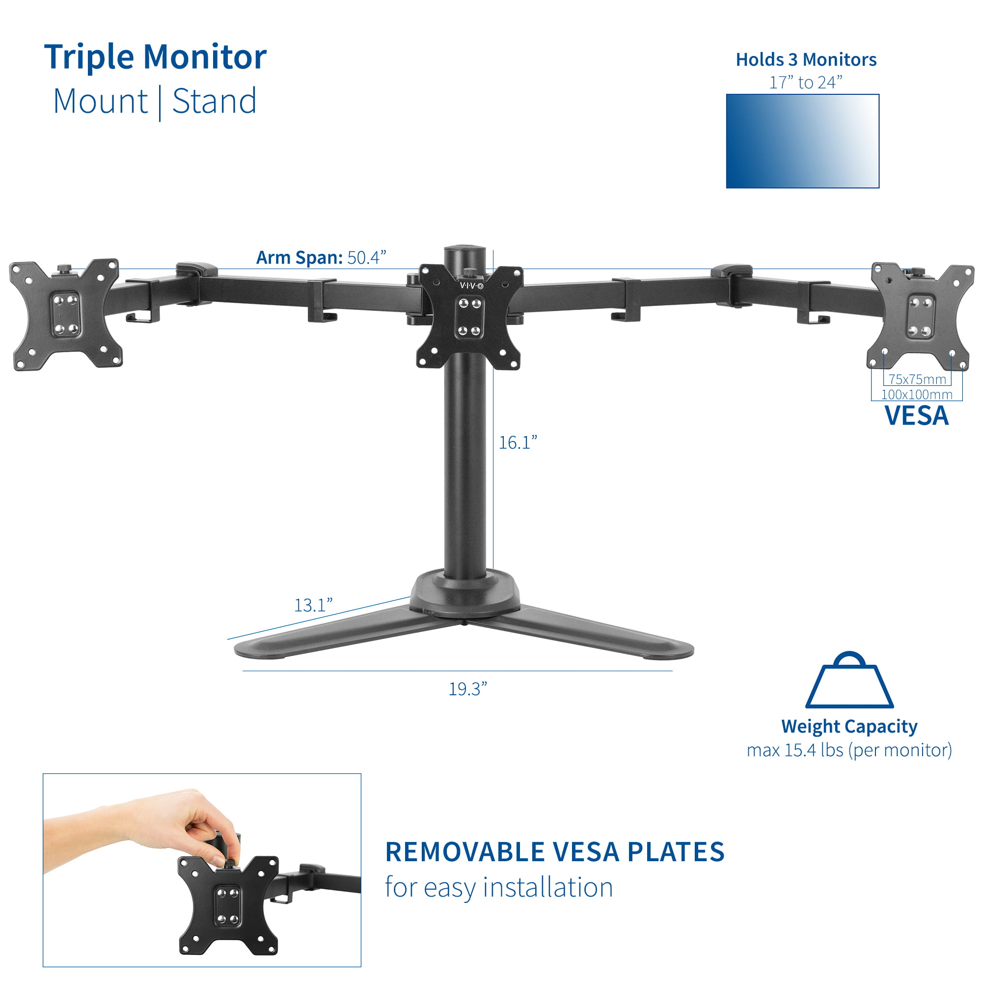VIVO Steel Freestanding Triple Monitor Desk Stand for 3 LCD Screens 17 to 24 Inches Heavy Duty Fully Adjustable Stand with Base STAND-V003J