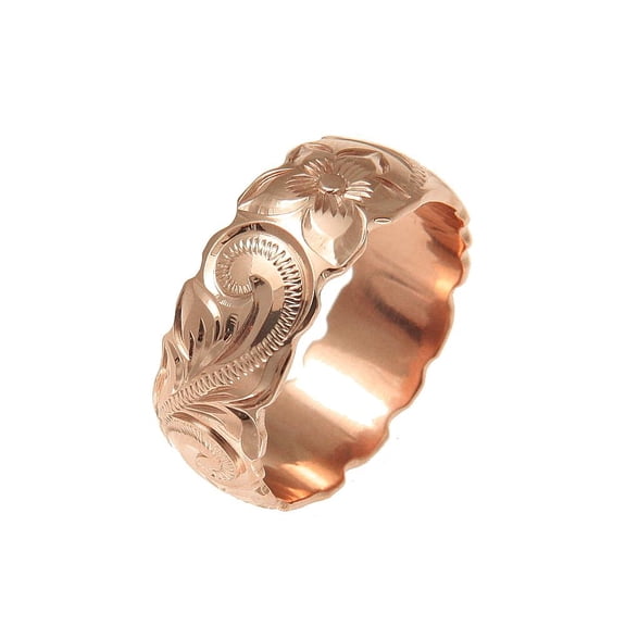 14K pink rose gold hand engraved Hawaiian plumeria scroll band ring cut out 8mm size 6