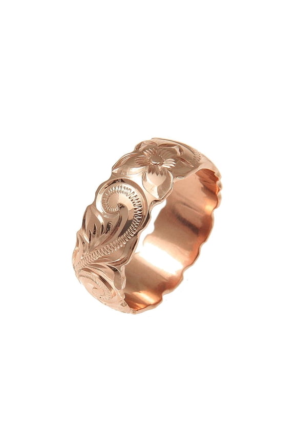 14K pink rose gold hand engraved Hawaiian plumeria scroll band ring cut out 8mm size 5