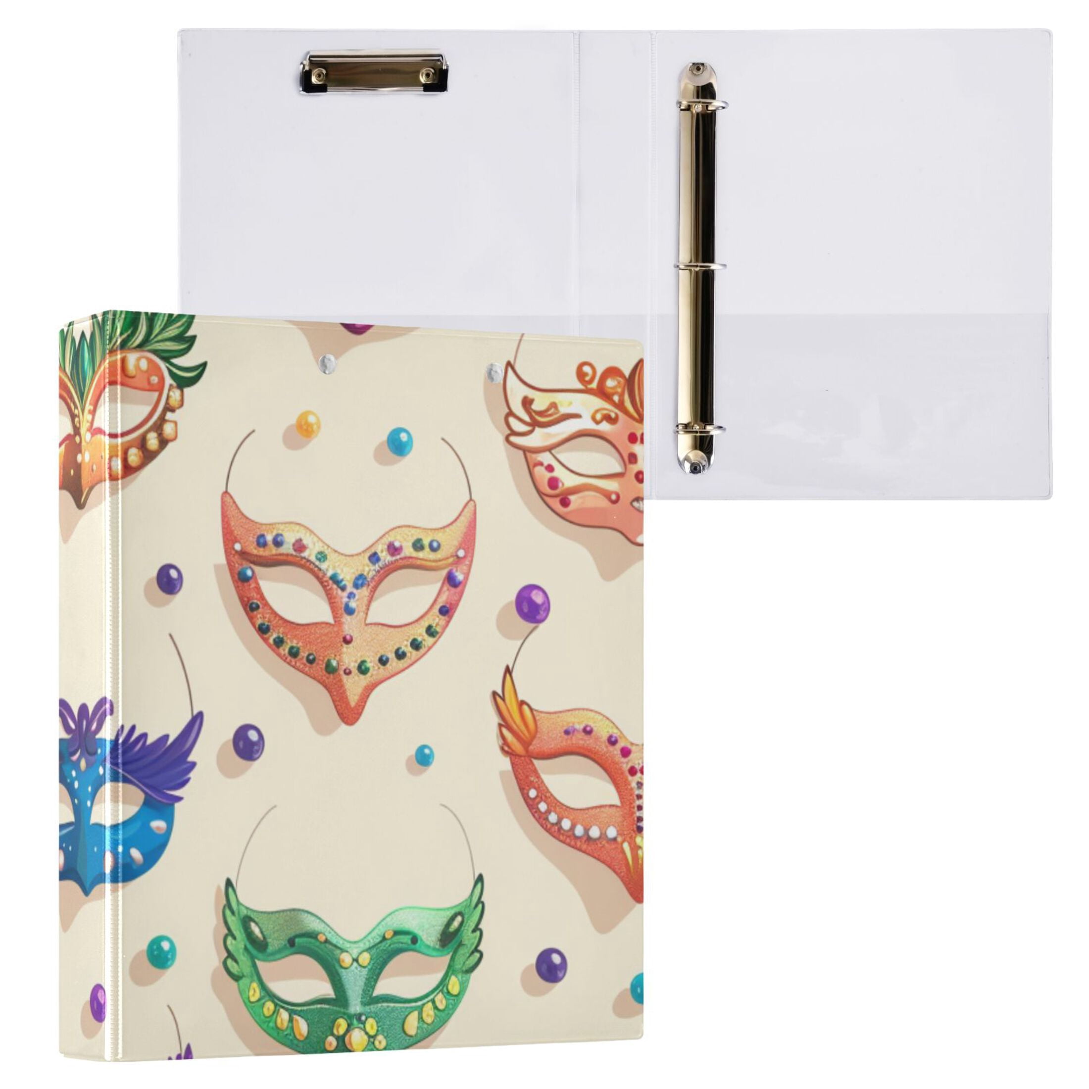 Carnival Masks Beads 3 Ring Binders 1.5 inch Hardcover File Folders with Interior Pockets A4 Size Organizer for School Office Hospital