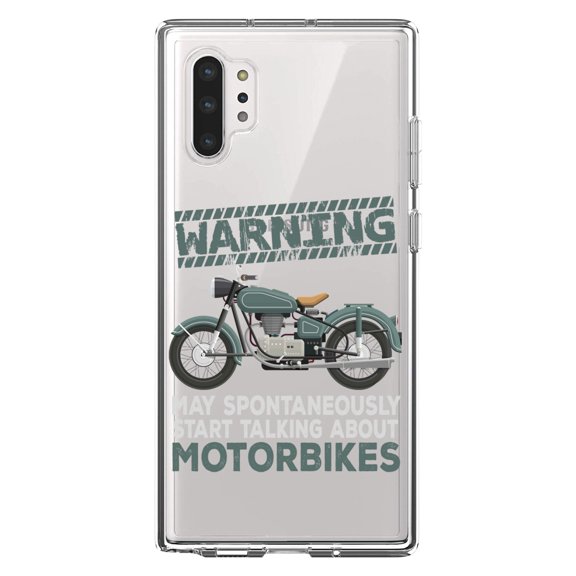 DistinctInk Clear Shockproof Hybrid Case for Galaxy Note 10 PLUS (6.8" Screen) - TPU Bumper Acrylic Back Tempered Glass Screen Protector - Spontaneously Talking About Motorcycles