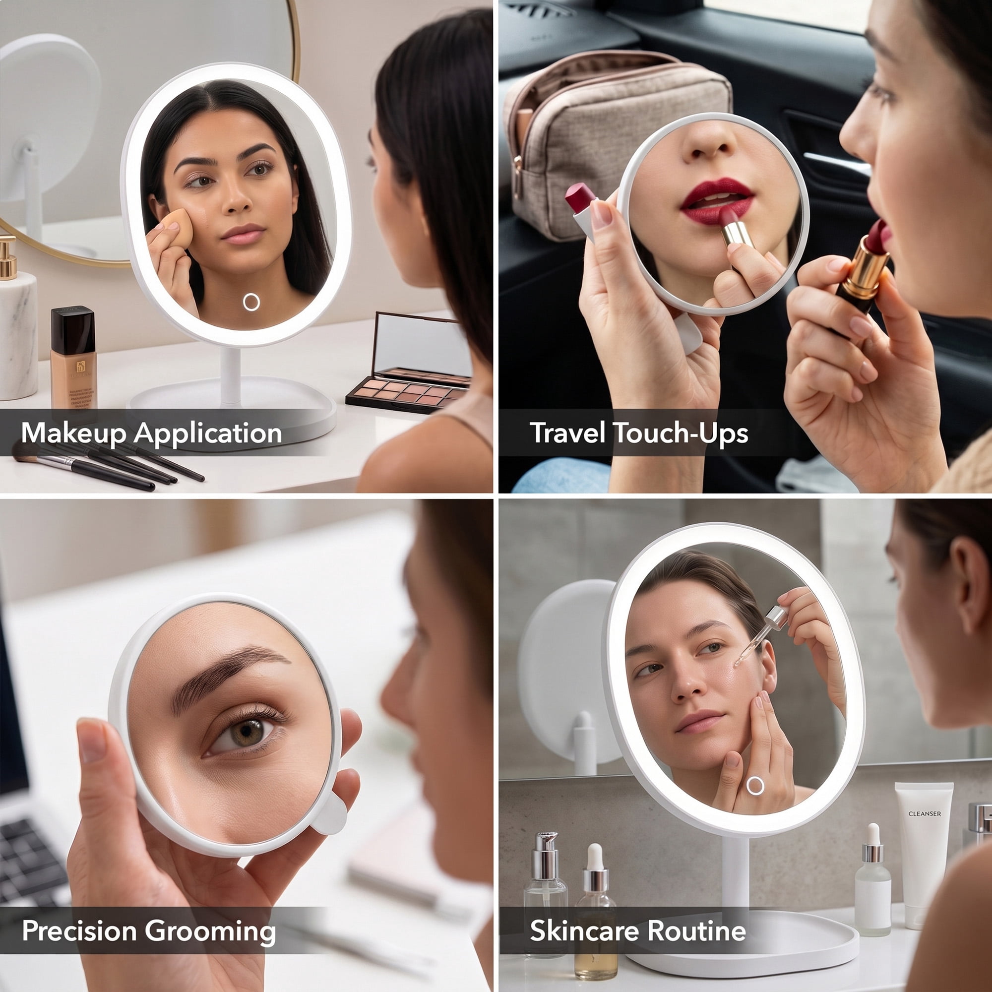 OVENTE 9" Rechargeable Lighted Tabletop Makeup Mirror with Mini Magnetic 10X Magnifying Mirror, Touch Screen Dimmable LED Lights, Portable Vanity Mirror Perfect for Bathroom or Travel, White MOT22W
