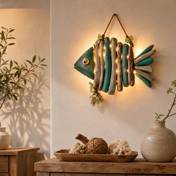 Lighted Coastal Fish Wall Decor, Rustic Driftwood Fish, Nautical Wall Art Ornament with Warm LED for Living Room Bedroom Dining Room Decor