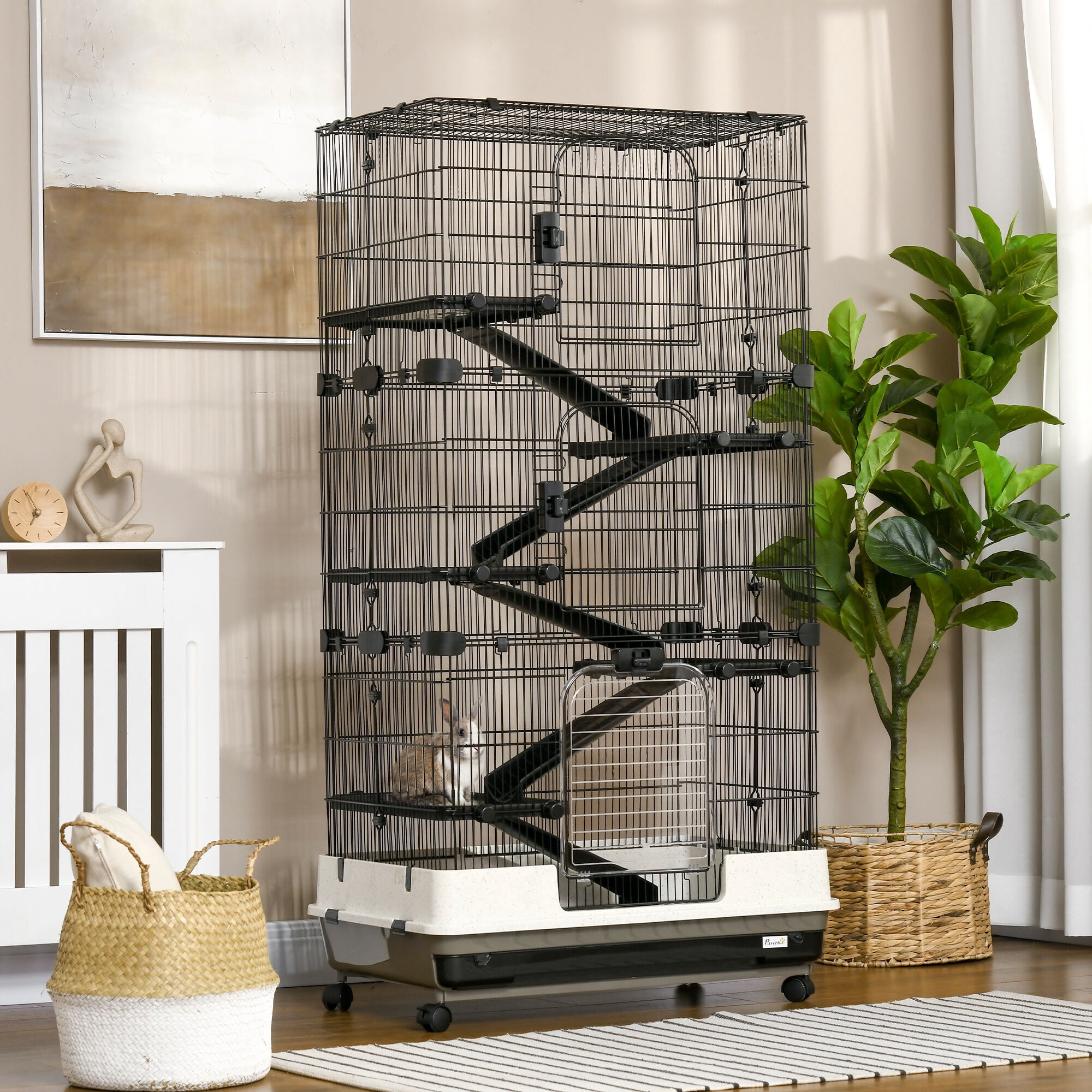 Dog Crate, Small Animal Cage with Wheels, Portable Bunny Cage 6-Tier, Black Pet Playpen,Steel Chicken Coop, Pet Supplies Pens & Hutches