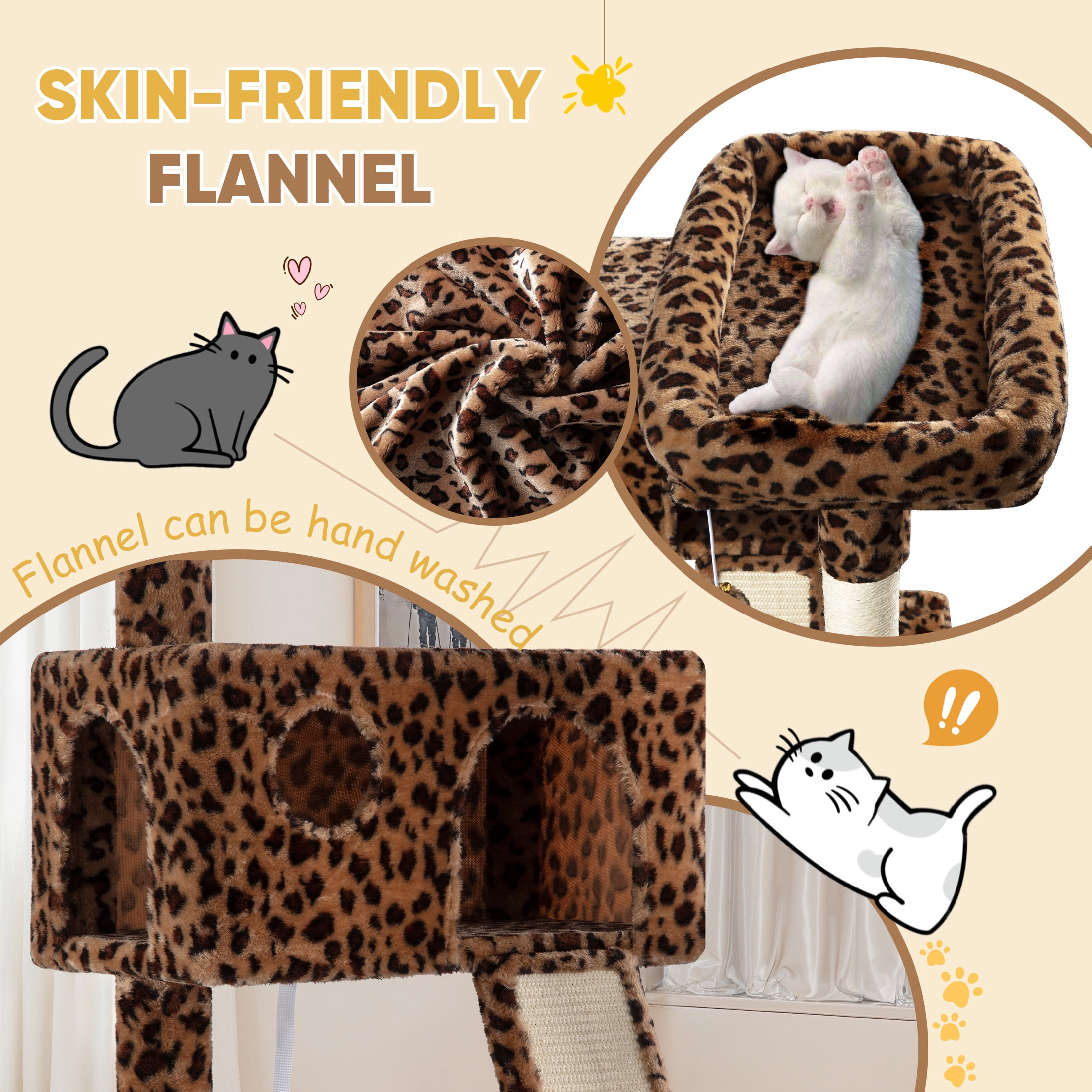 Einfach 65.7" Large Cat Tree and Tower for Cats, Condo House with Hammock, 2 Scratching Boards & 5 Scratching Posts, Leopard Print