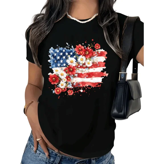 UNISHE Women's Patriotic American Flag Floral Graphic Short Sleeve T-Shirt Soft Cotton Crewneck Casual Summer Top S-5XL