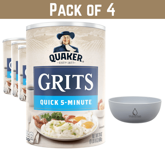 Pack of 4 Quaker Quick 5-Minute Grits, Original, 24 oz Canister Each, Shelf-Stable  with free ValueNest Bowl
