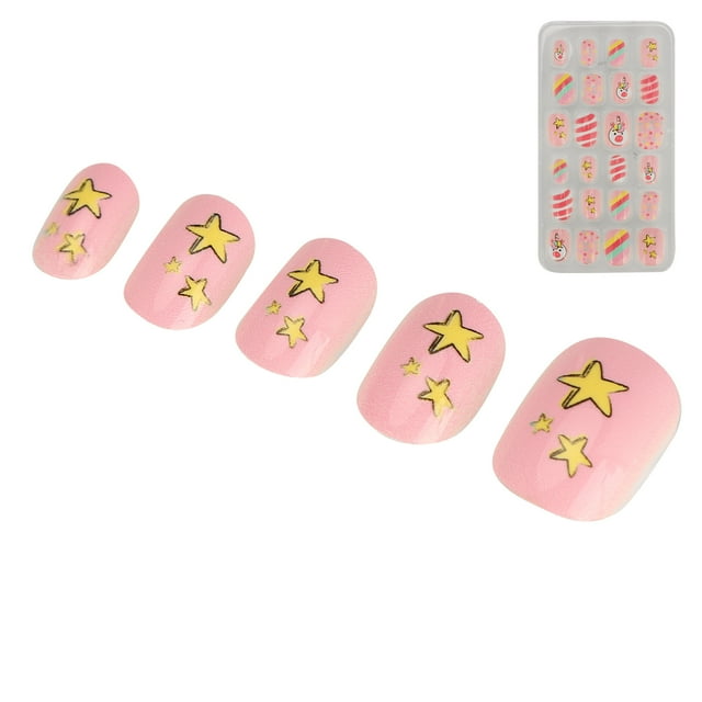 Girls Glue On Nails, Cartoon Pattern Removable Kids False Nails DIY For Home For Nail Salon