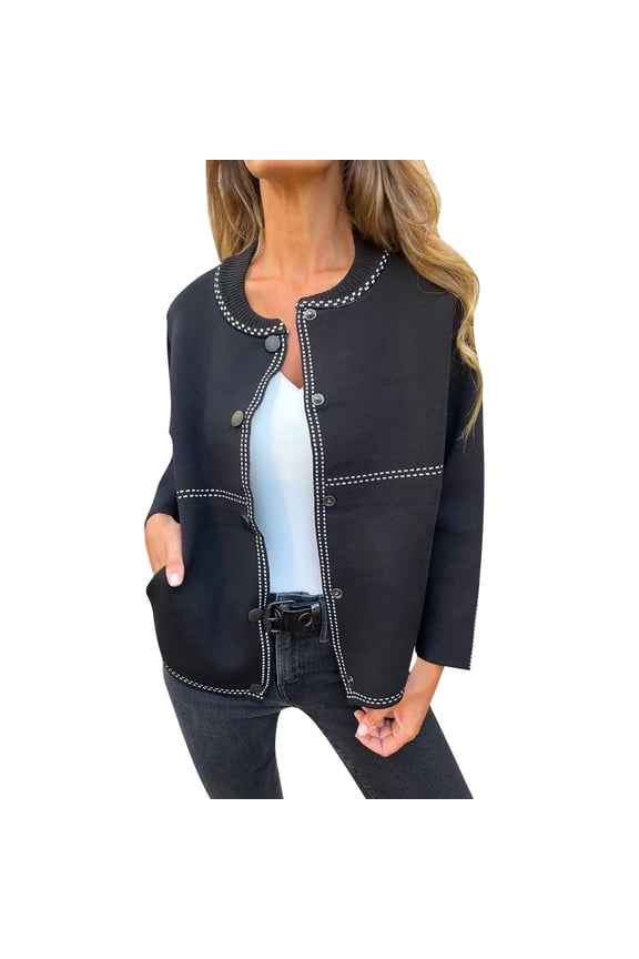 Women's Knit Cardigan Sweaters Casual Long Sleeve Open Front Snap Button Down Jackets Business Work Fall Winter Coats Outerwear Black 3XL