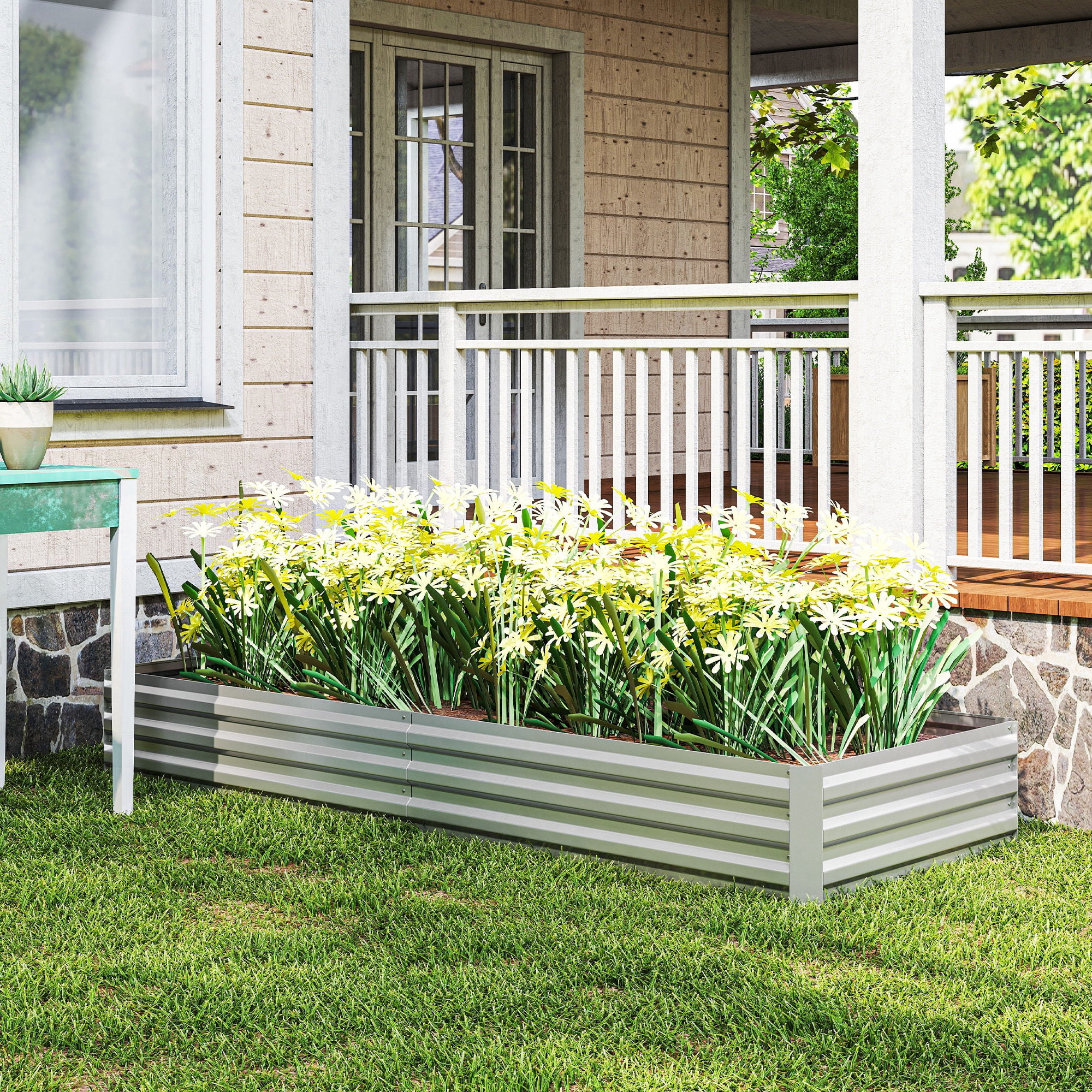 Outsunny 95" x 36" x 12" Galvanized Raised Garden Bed, Metal Elevated Planter Box, Easy DIY and Cleaning for Growing Flowers, Herbs, Silver