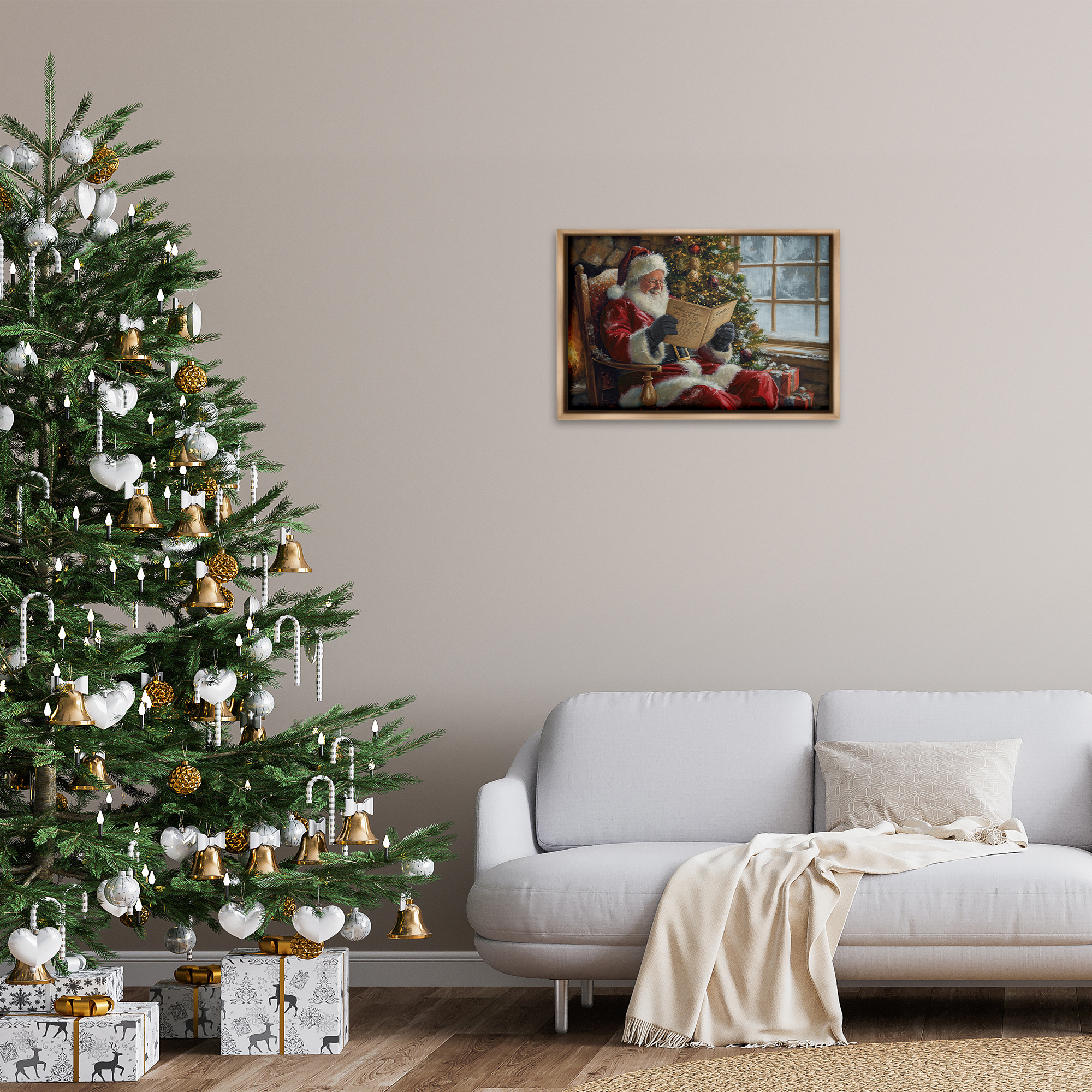 Stupell Industries Cheerful Santa Reading Holiday Painting Brown Floater Framed Canvas Art Prints Wall Art, 25 x 17