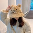 thumbnail image 4 of Gorro de otoño e invierno para mujer, bonito gorro de pescador con forma de cara de oso de dibujos animados, pequeño y versátil, con orejeras cálidas, gorro de lavabo de felpa, 4 of 6