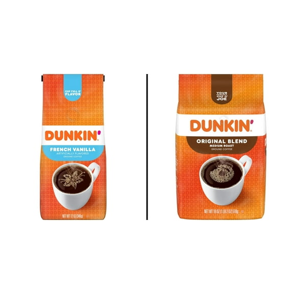 Dunkin' Original Blend Ground Coffee, 18 Ounce & Dunkin' French Vanilla Ground Coffee, 12 Ounce