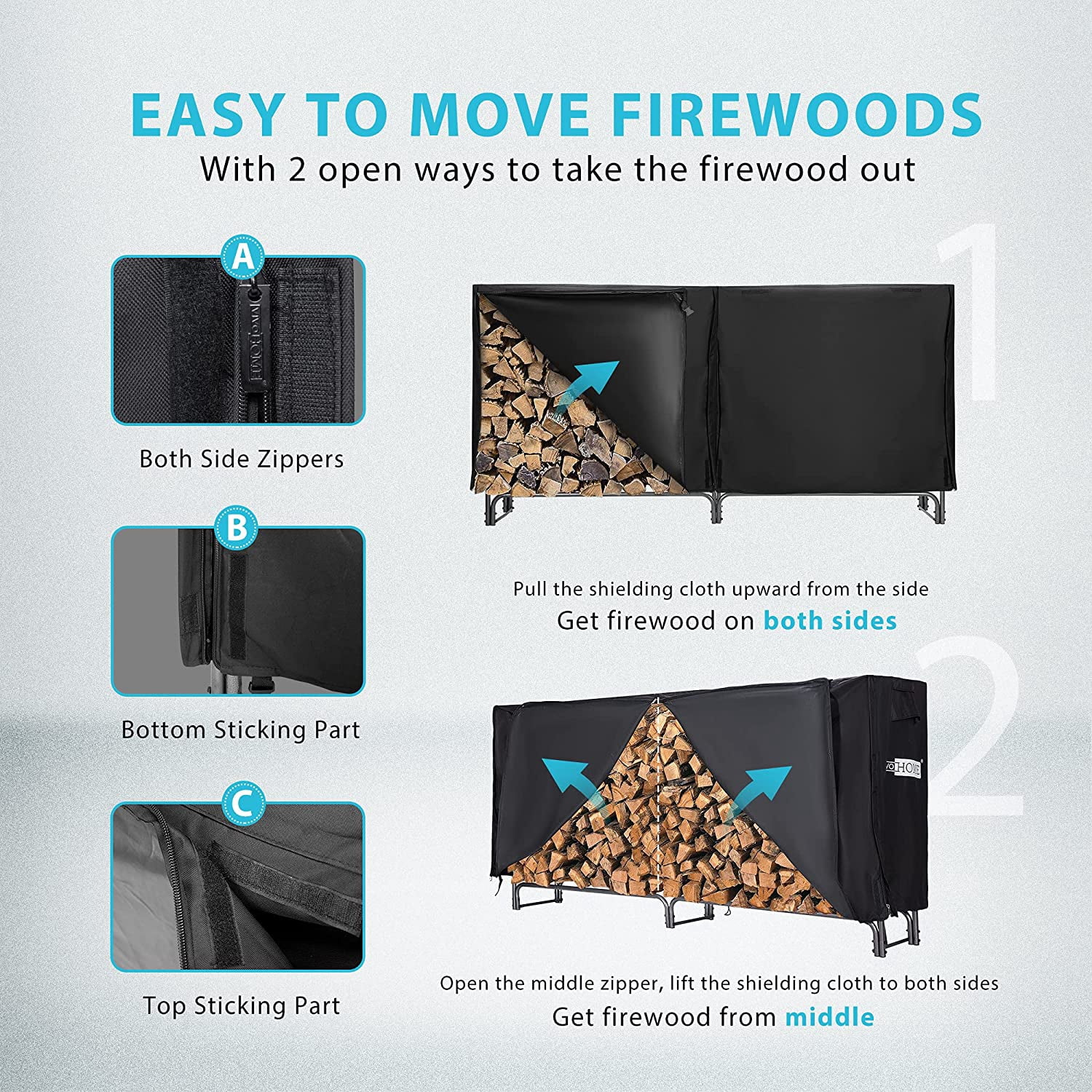 SPECSTAR 8ft Heavy Duty Indoor Outdoor Firewood Storage Log Rack with Cover Combo Set Black