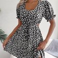 thumbnail image 1 of Vestido Estampado Vestido estampado de mujer Cuello redondo Ahuecado Vestido con cordones Tela diaria (Negro L) Ygjytge para Mujer Negro T XXL, 1 of 7