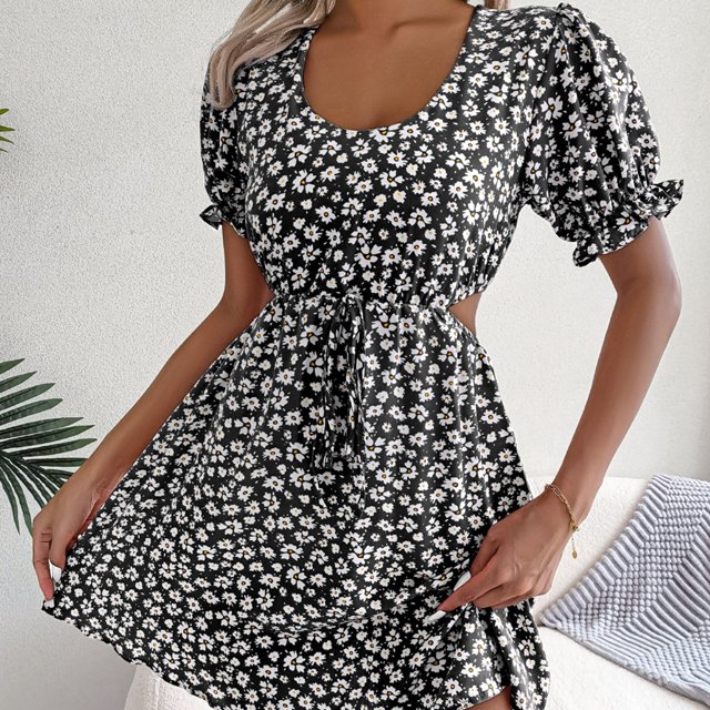Vestido Estampado Vestido estampado de mujer Cuello redondo Ahuecado Vestido con cordones Tela diaria (Negro L) Ygjytge para Mujer Negro T XXL