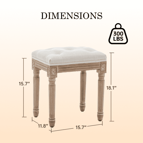 15.7" Tufted Linen Vanity Stool with Carved Solid Wood Legs – Multi-Use Dressing Bench for Bedroom, Entryway & Commercial Seating, Beige