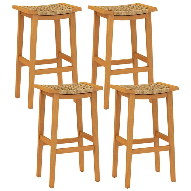 Gymax Outdoor Acacia Wood Bar Stools Set of 4 w/ PE Rattan Seats & Backrests