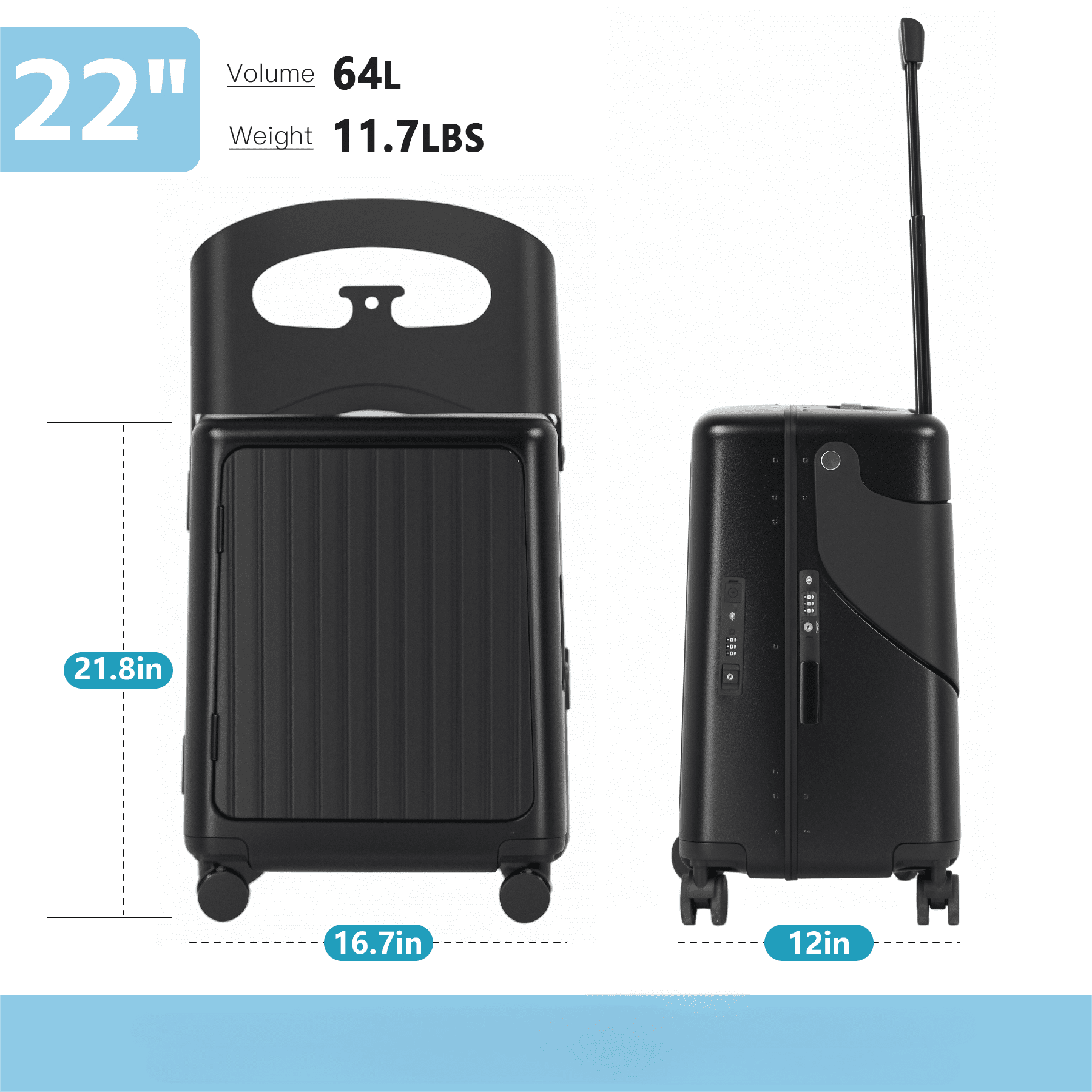 Advwin 22" Multifunctional Hardshell Ride On Suitcase with Front Opening, Child Seat, USB Port, TSA Lock & 4 Spinner Wheels, Black
