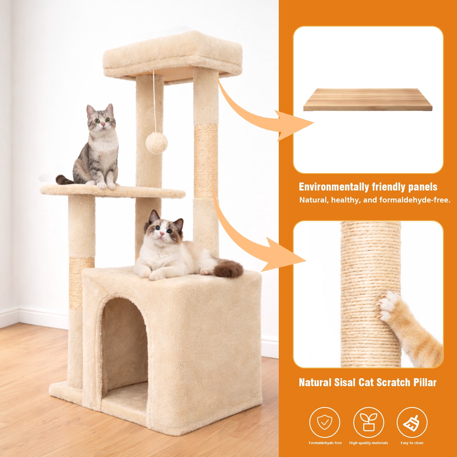 Cat Tree, Multi-Level Cat Tree Tower, Indoor Activity Center with Sisal Scratching Posts, Condos, Plush Perches, Hanging Cat Toys, Beige