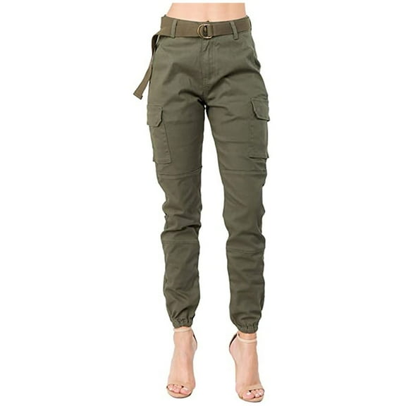 Fashion Olyvenn Women Trendy Slim Fit Stretch Homewear Long Pants Women's High Waist Jogger Cargo Solid Color Pants With Matching Belt Army Green S