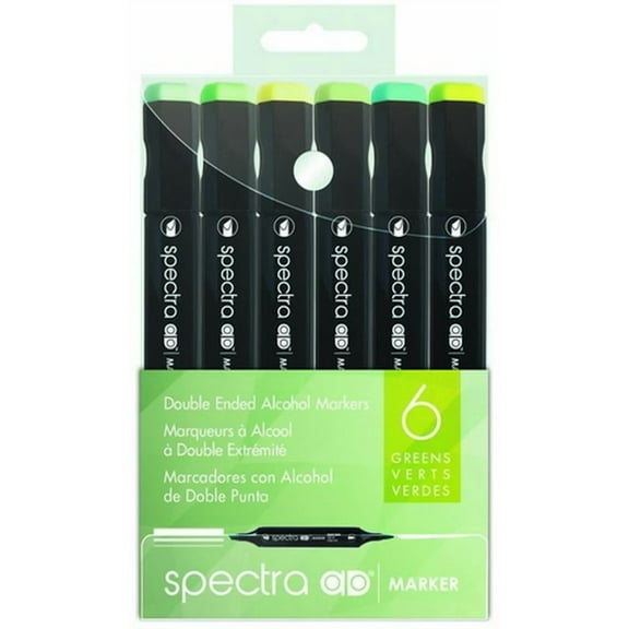 Spectra AD Marker, Tri-Nib & Brush Dual-Tip, 6 Assorted Green Color Set in Plastic Case, 1 Each