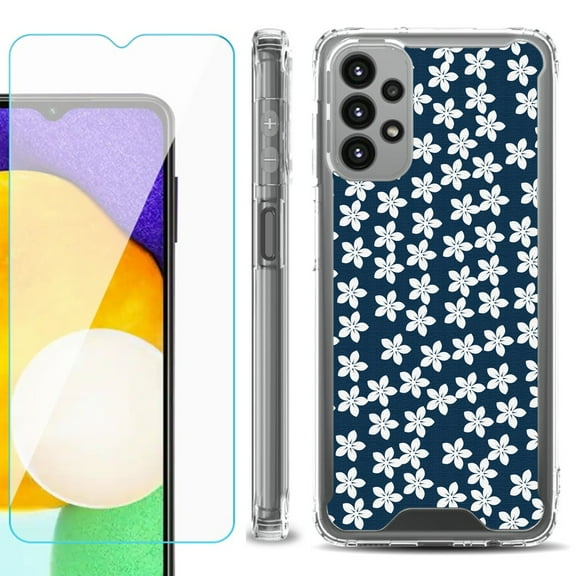 Shockproof Bumper Phone Case for Samsung Galaxy A23 5G, with Tempered Glass Screen Protector, by OneToughShield ® - Flower/Blue