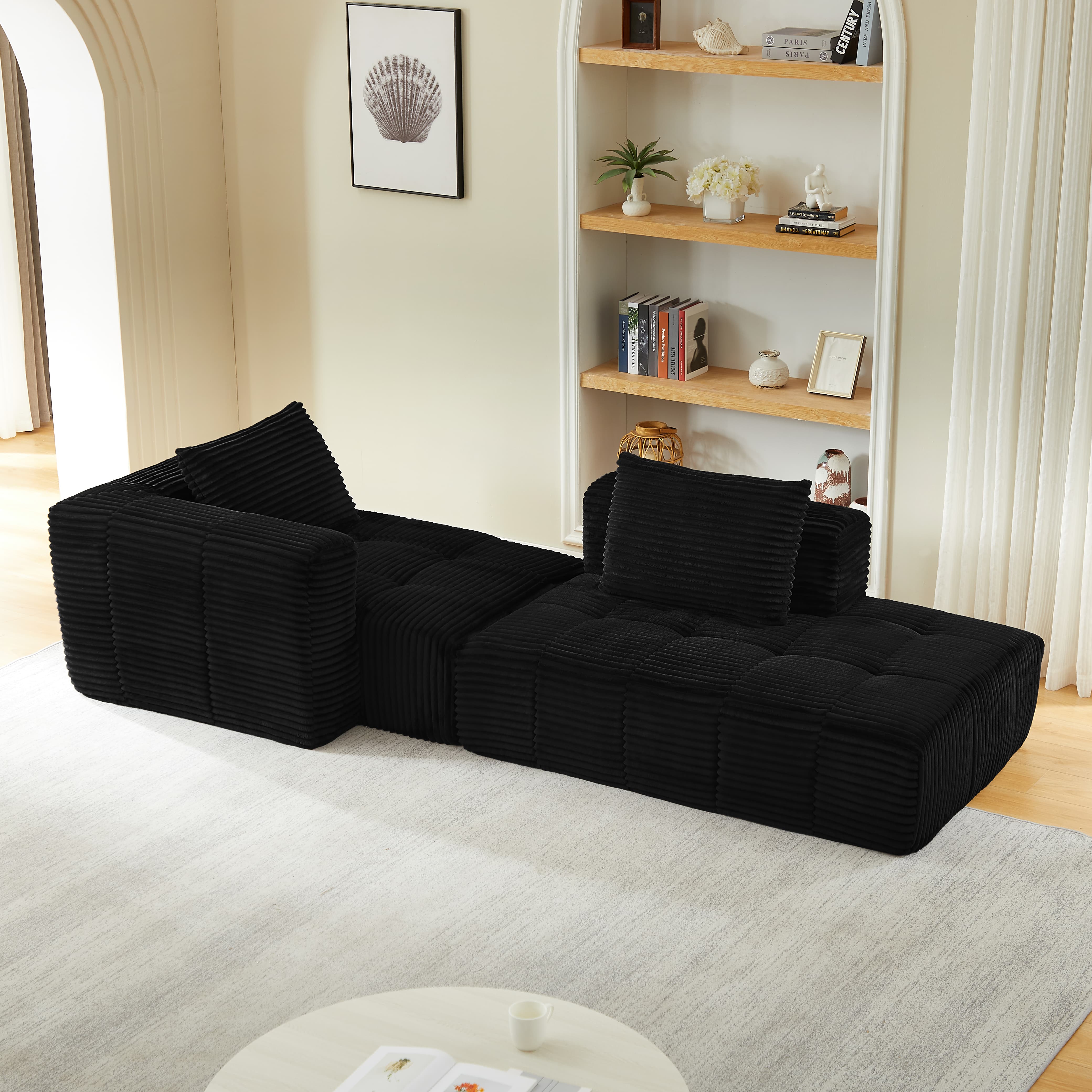 MAYEERTY Corduroy L-Shape Cloud Sectional Chaise Lounge Sofa, Minimalist Modular Couches for Living Room,107*57*33"Black