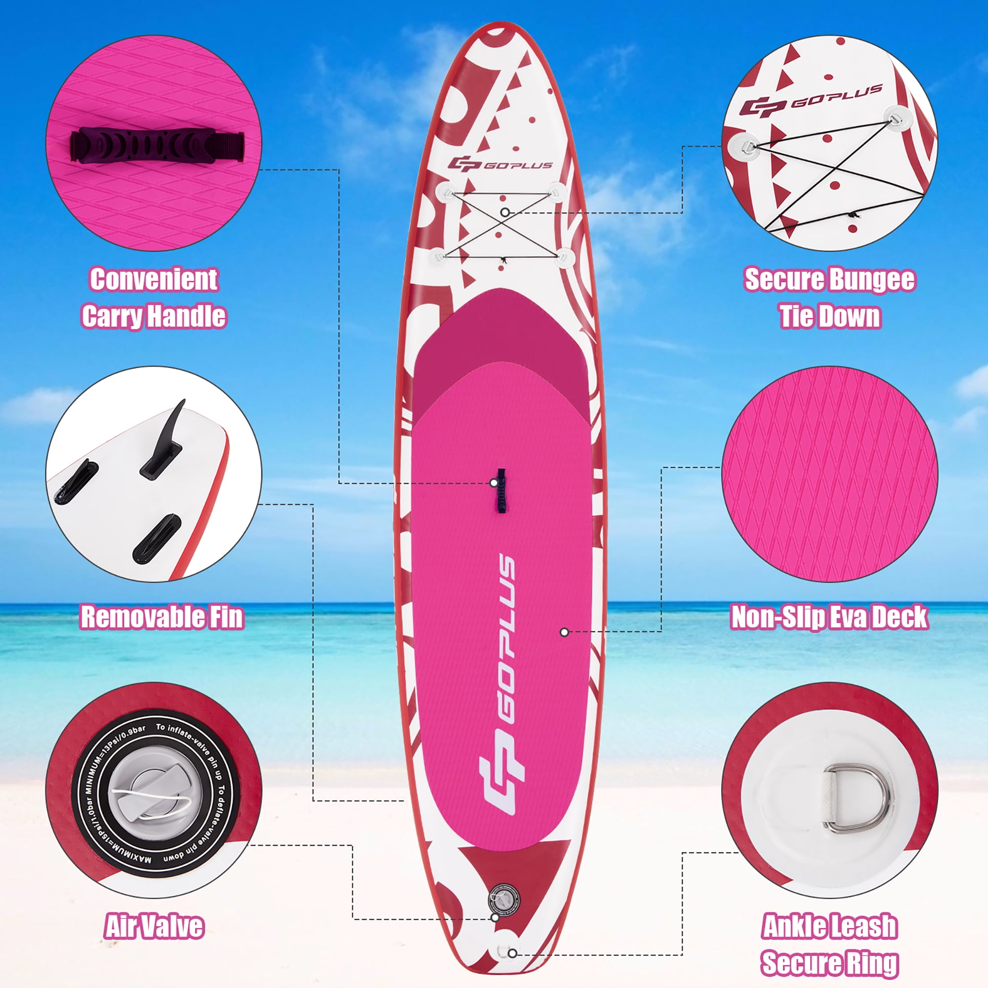 Goplus 11' Inflatable Stand Up Paddle Board SUP W/ Carrying Bag Aluminum Paddle Pink