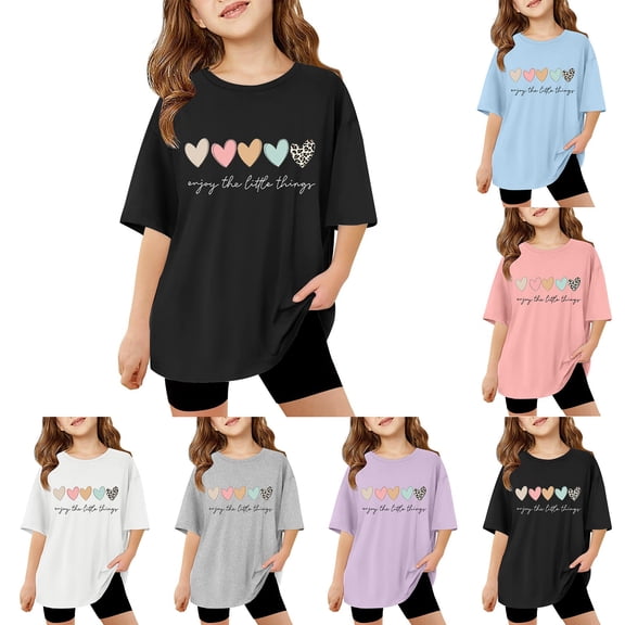 Miaoju Girl Tops Size 10-12 Round Neck Cartoon Print Short Sleeve T Shirt Fashion Cool Holiday Shirts Kids Summer Clothing