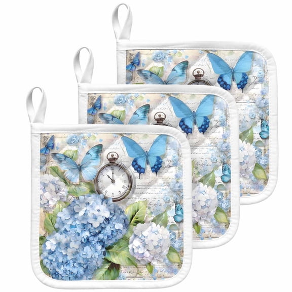 Blue Hydrangea Floral Pot Holders for Kitchen Heatproof Potholder, 3 Pack Spring Retro Butterfly Botanical Hot Pads Multipurpose Oven Pads Cloth Potholders Trivet for Cooking Baking