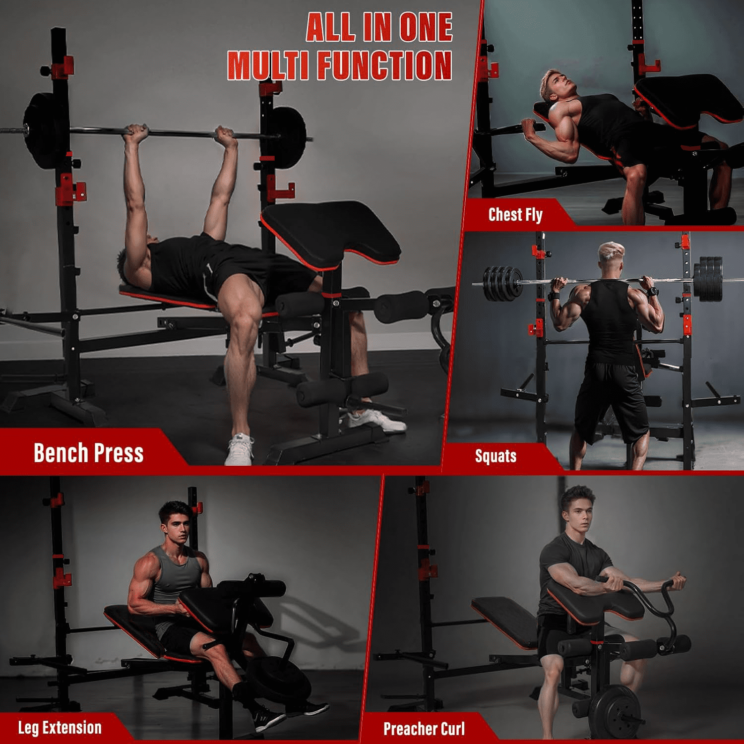 PUATUL 1500LBS 6 IN 1 Olympic Weight Bench Set with Leg Extension/Curl, Bench Press Set with Preacher Curl and Squat Rack for Home Gym Workout