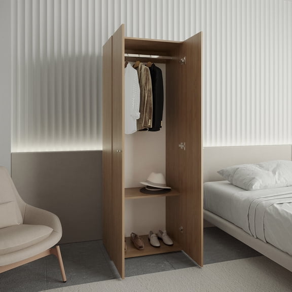 Xukmct Clothes Storage Cabinet with Hanging Rod and Storage Shelf, 2 Doors Armoire for Bedroom, Living Room, Brown