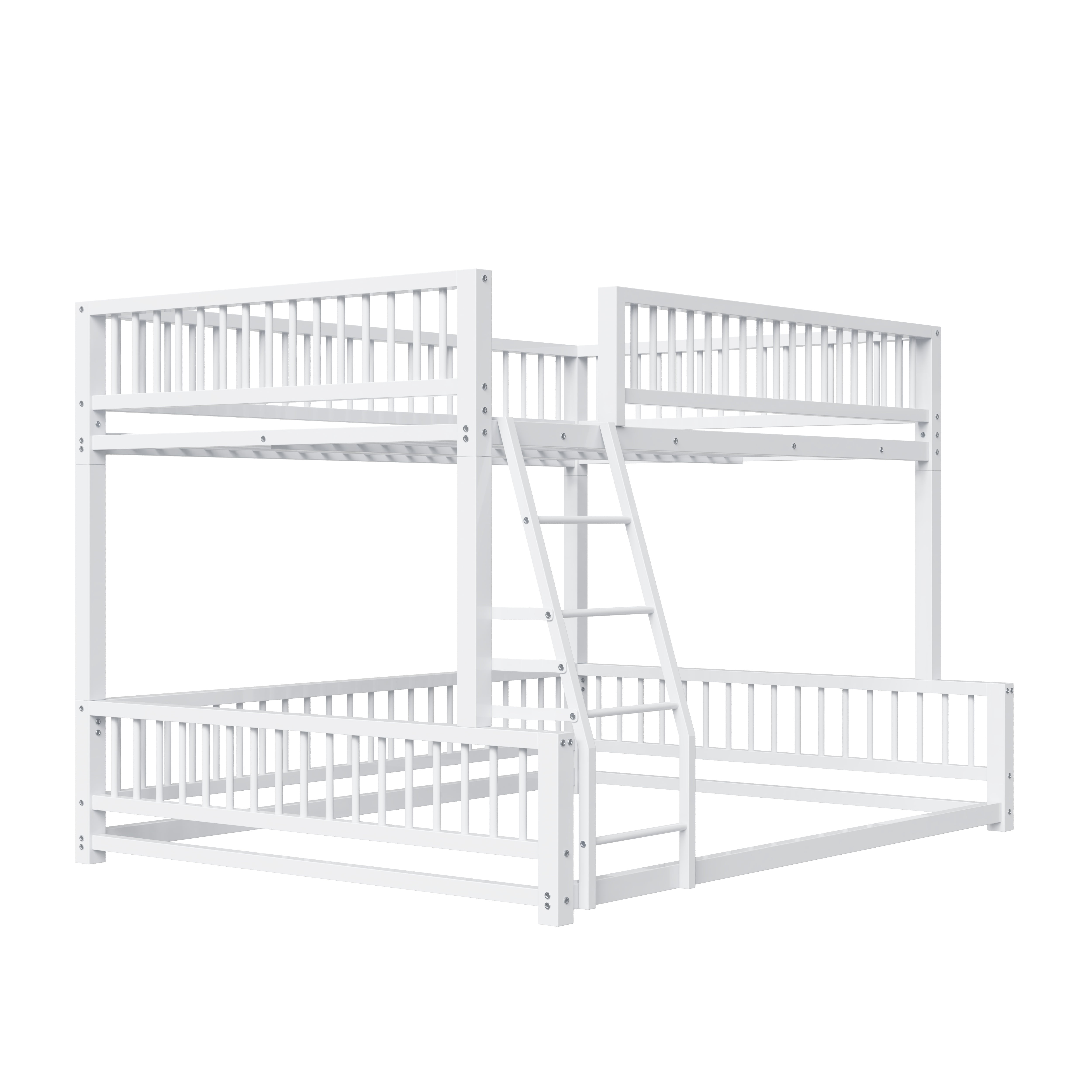 Leumius Full XL over Queen Bunk Bed,Heavy Duty Metal Bunk Beds for Adults and Kids,Floor Bed Frame with Ladder and Safety Guardrails, Easy Assemble,White