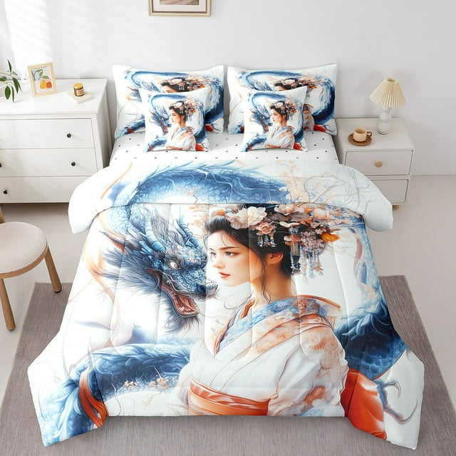 Erosebridal Tokyo Geisha Bedding Sets Full Size, Magic Dragon Bedding Full Size, Japanese Style Reversible Comforter Sets with Sheets, Microfiber Room Decor, 7 Pieces