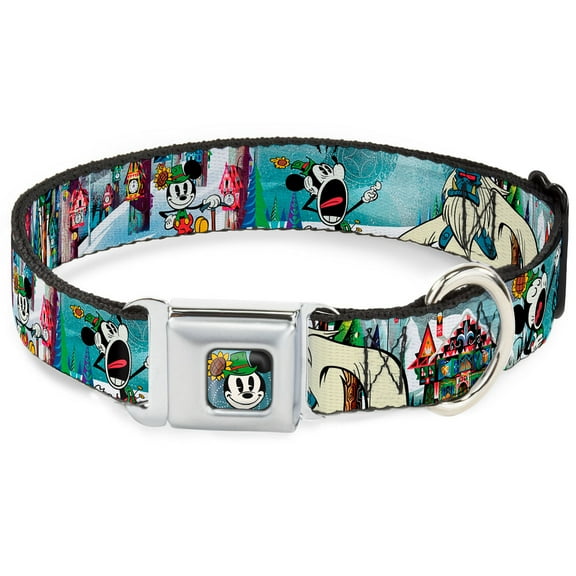 Disney Pet Collar, Dog Collar Metal Seatbelt Buckle, Mickey Minnie Yodelberg Scenes, 13 to 17 Inches 1.5 Inch Wide