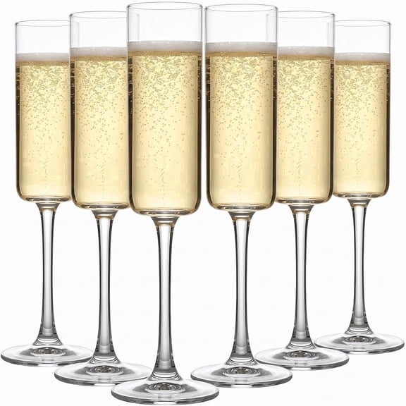 6 Pack Hand Blown Crystal Champagne Flutes, 6.5 oz Long Stem Sparkling Wine Glasses, Elegant Toasting Glassware for Weddings, Parties, Anniversaries and Gift Giving