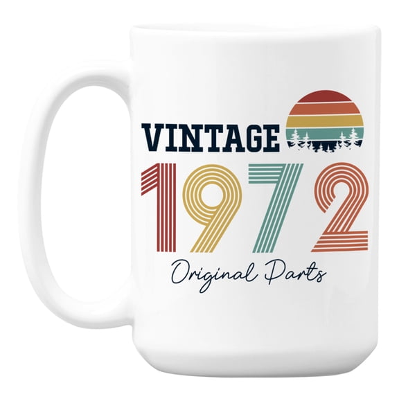 Vintage 1972, Original Parts feat. Retro Sunset Ceramic Coffee & Tea Mug (15oz)