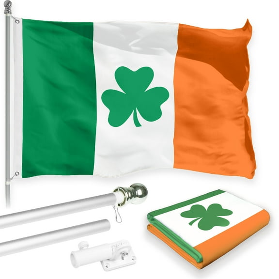G128 Combo Pack: 6 Feet Tangle Free Spinning Flagpole (Silver) Ireland Irish Shamrock Flag 3x5 ft Printed 150D Brass Grommets (Flag Included) Aluminum Flag Pole