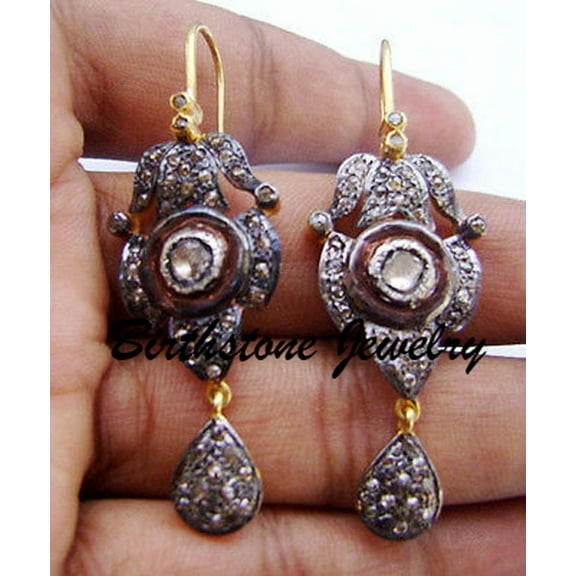 1.75ct Pave Rosecut Polki Diamond Polki Sterling Silver Dangle Earrings