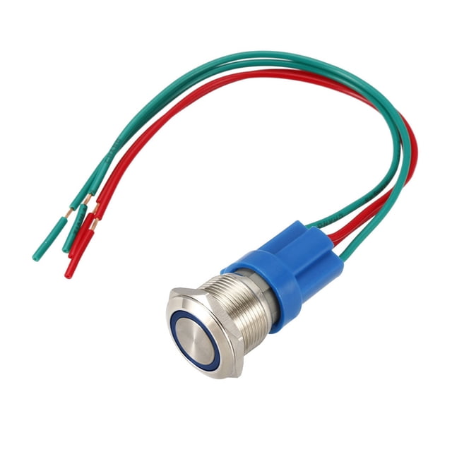 Interruptor de botón metálico de enclavamiento de 19 mm de diámetro de montaje 1NO 12V luz LED azul con cables de enchufe de socket paquete de 1