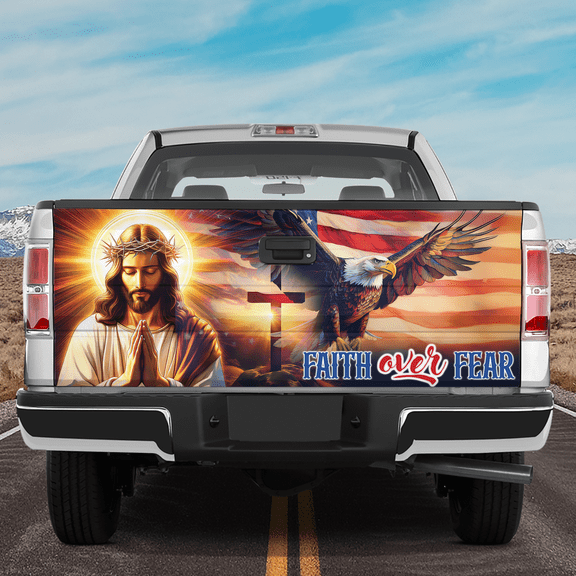 Lotusprinthandmade America Flag Eagle Jesus Tailgate Wrap 2 Sizes (24"x58"), patriotic christian jesus eagle truck wrap